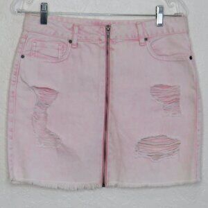 Forever 21* Women's Full Front Zip Multipocketed Stressed Wash Jean Skirt~ Large